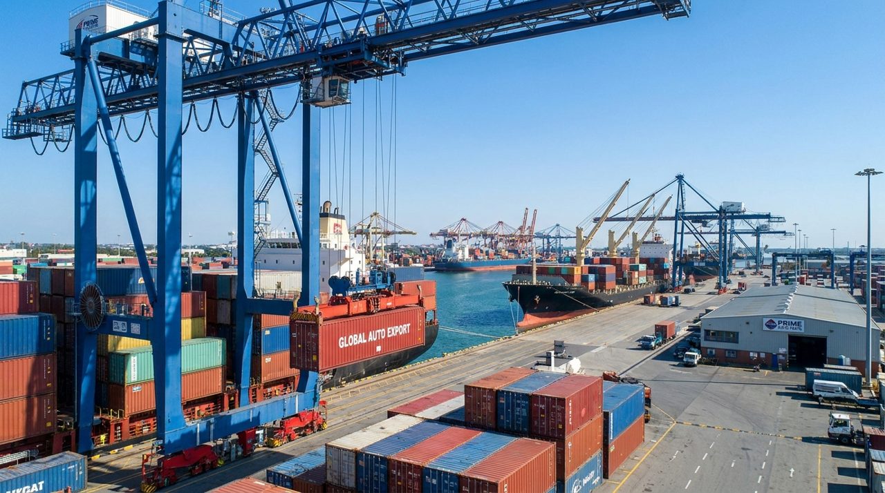 Container ship loading at port