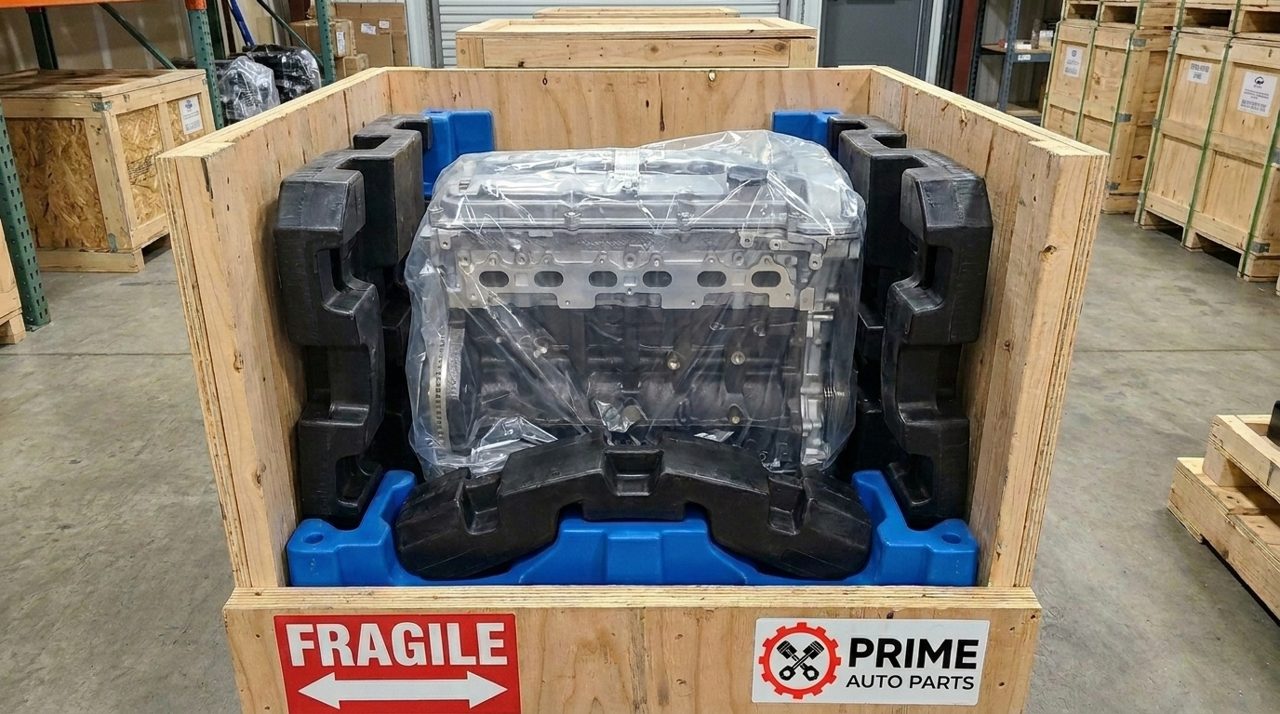 Engine in reinforced wooden export crate
